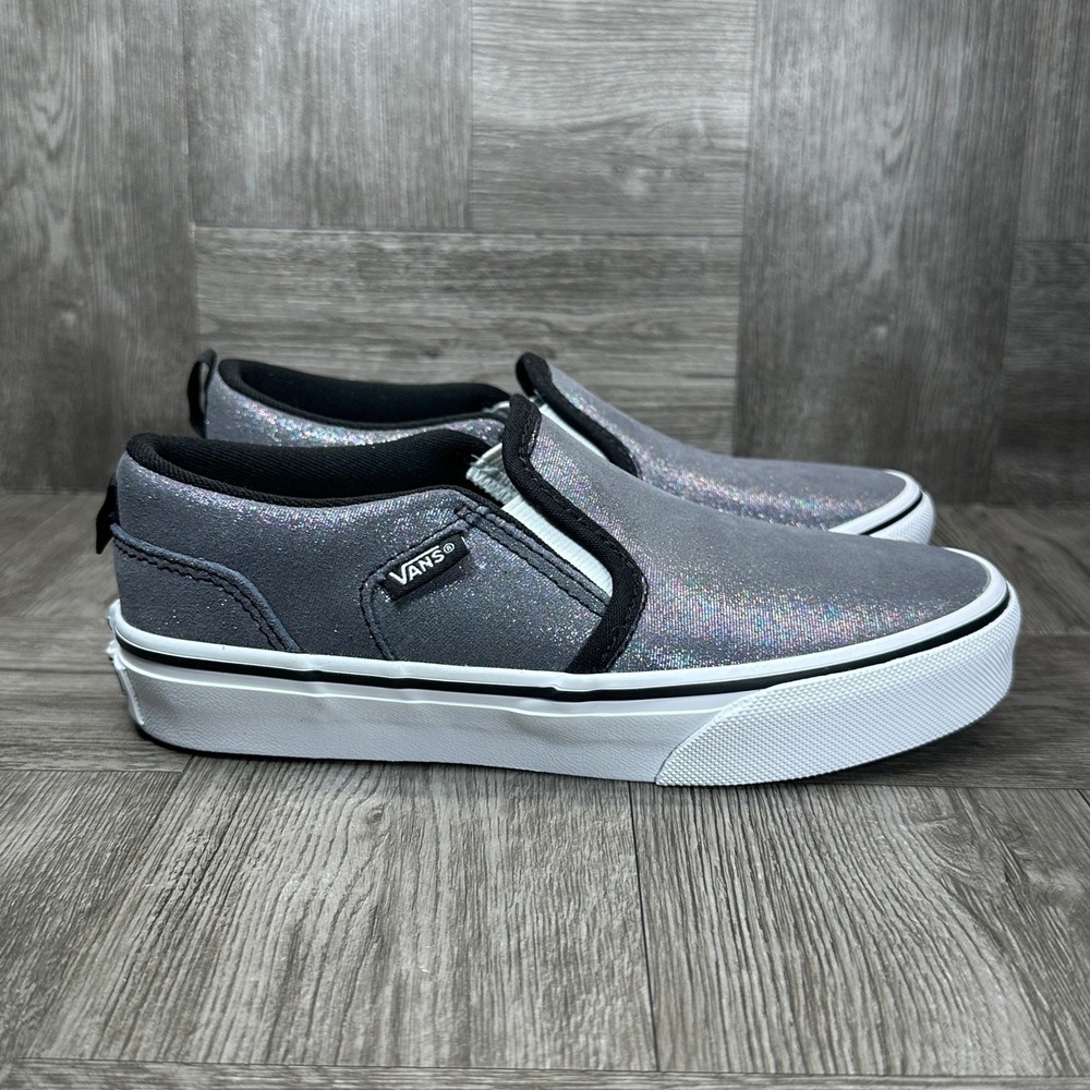 Vans Asher‎ Slip On Kids 3.5 Grey Glitter Holographic Sparkle NEW